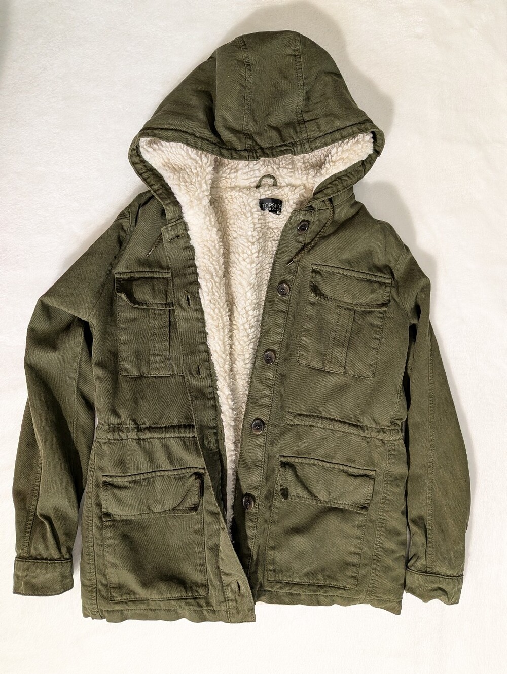 Topshop Green Utility Jacket Faux Fur Lined Size 6 Medium